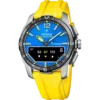 Reloj híbrido para hombre Festina Connected D F23000/8 con esfera azul, correa de silicona amarilla, caja de titanio y pantalla digital.
