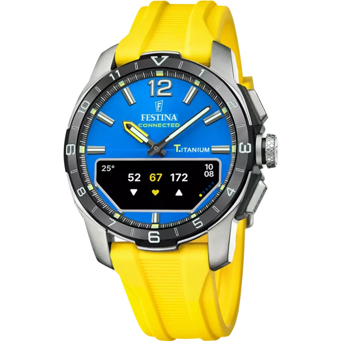 Reloj híbrido para hombre Festina Connected D F23000/8 con esfera azul, correa de silicona amarilla, caja de titanio y pantalla digital.
