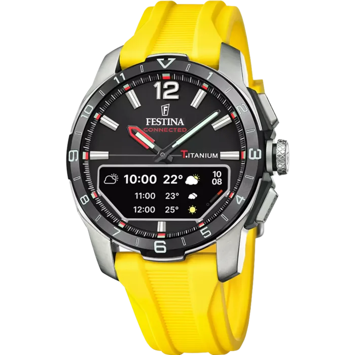 Reloj inteligente híbrido Festina Connected D F23000/A con correa amarilla y caja de titanio.