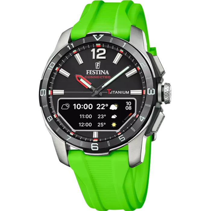 Reloj inteligente híbrido Festina Connected D F23000/B con correa verde y caja de titanio sobre fondo blanco.