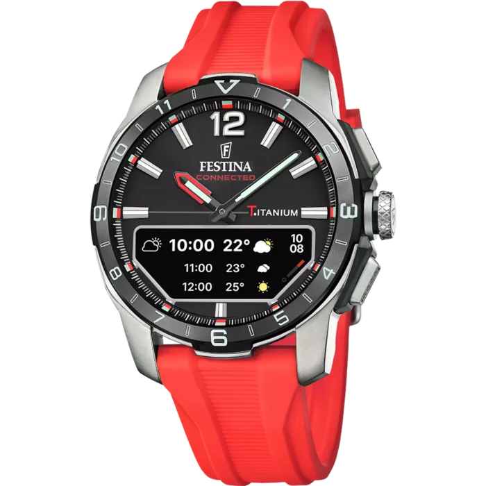 Reloj inteligente híbrido Festina Connected D F23000/C con correa roja y caja de titanio sobre fondo blanco.