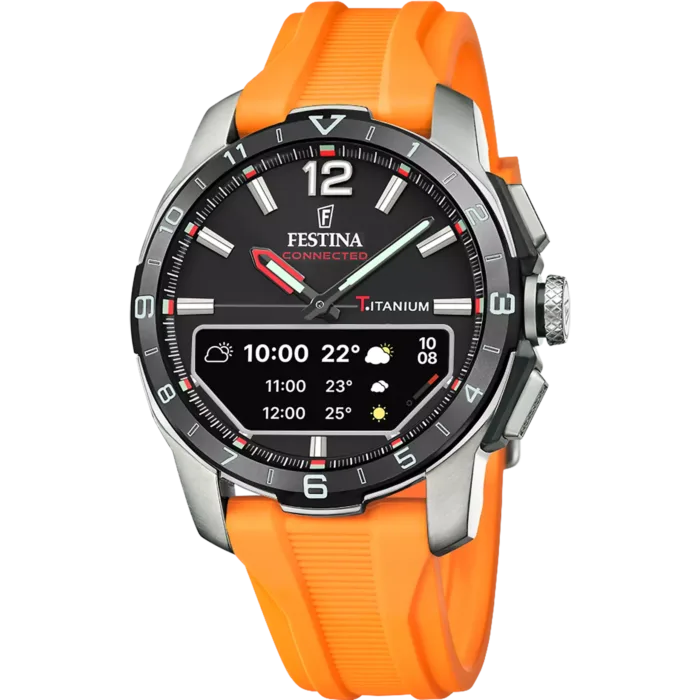 Reloj inteligente híbrido Festina Connected D F23000/D con correa naranja y caja de titanio sobre fondo blanco.