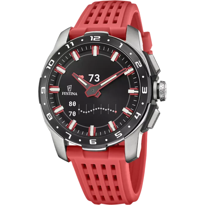 Reloj híbrido inteligente Festina Connected F23305/4 de hombre en titanio con correa de caucho roja.