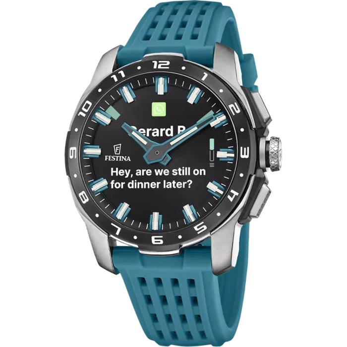 Reloj híbrido Festina Connected F23305/5 para hombre con caja de titanio, correa de caucho azul turquesa y pantalla con notificación de mensaje.
