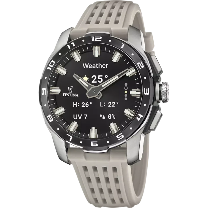 Reloj híbrido inteligente Festina Connected F23305/7 de hombre en titanio con correa de caucho beige y pantalla inteligente de clima.
