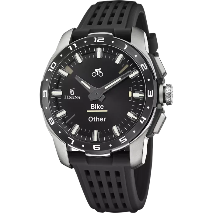 Reloj híbrido inteligente Festina Connected F23305/8 de hombre en titanio con correa de caucho negra y pantalla digital en modo deportivo de ciclismo.