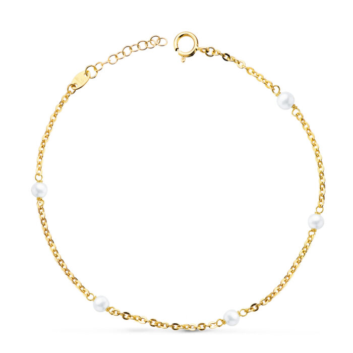 18K PULSERA ORO AMARILLO 5 PERLAS DE 3,5 MM ESLABON FORZADO HUECO. LARGO: 16   3 CM