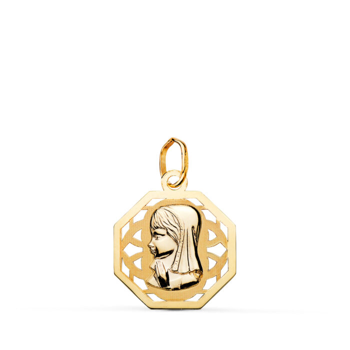 18K MEDALLA ORO AMARILLO VIRGEN NIÑA OCTOGONAL CALADA MATE Y BRILLO. MEDIDA: 17 X 15 MM