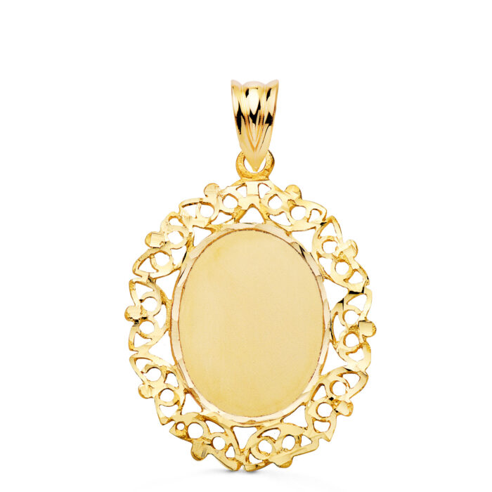 9K COLGANTE PLACA CHAPA ORO AMARILLLO CERCO CALADO 28 X 21 MM