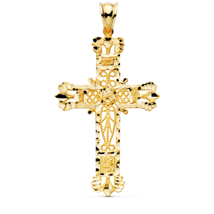 Cruz de oro amarillo de 18K con detalles en filigrana y bordes tallados 58x35 mm ref P7700-155