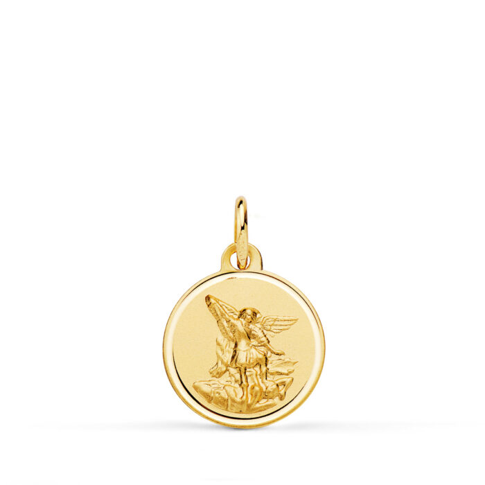 Medalla religiosa de San Miguel Arcángel en oro amarillo de 18K con bisel matizado de 14 mm referencia P8079-114