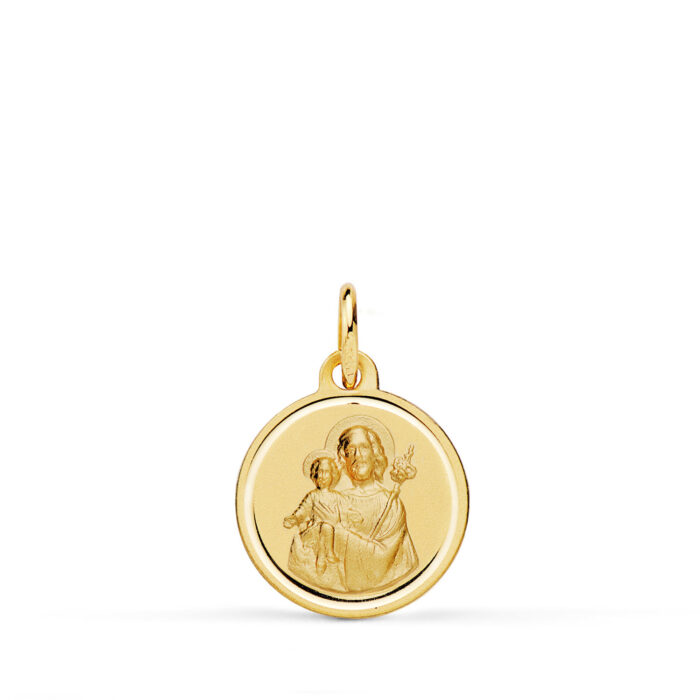 Medalla religiosa de San José con el Niño Jesús en oro amarillo de 18K con bisel matizado de 14 mm referencia P8085-114