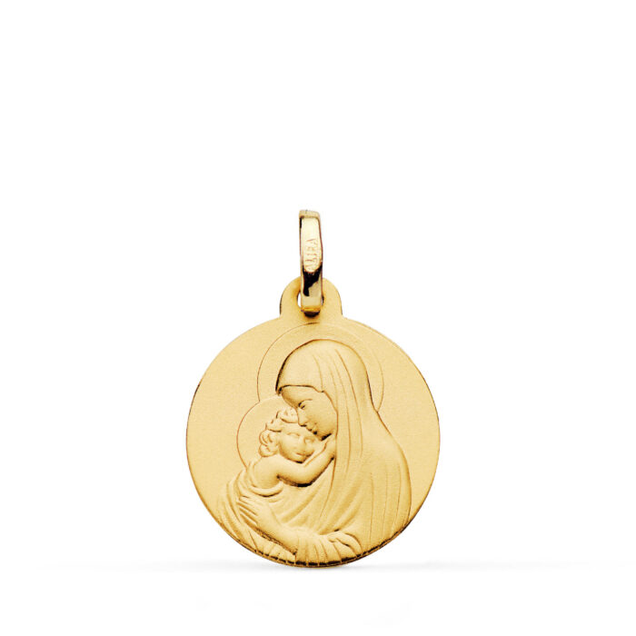 Medalla religiosa de la Madonna de Botticelli en oro amarillo de 18K con acabado matizado y marco liso de 18 mm referencia P9808-018