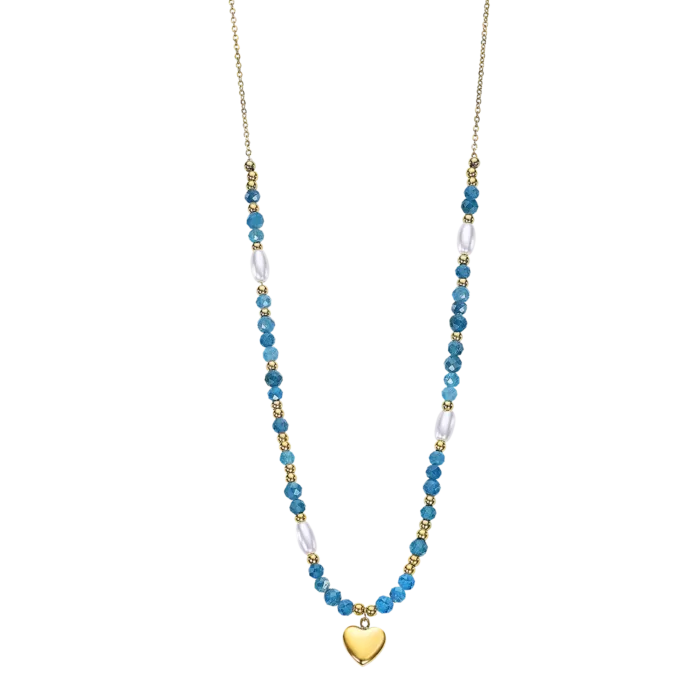 Collar Lotus Style LS2553-1/1 de acero dorado con cuentas azules y colgante de corazón.