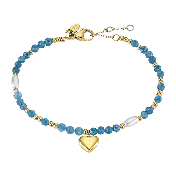 Pulsera Lotus Style LS2553-2/1 de acero inoxidable dorado con cuentas azules y colgante de corazón.