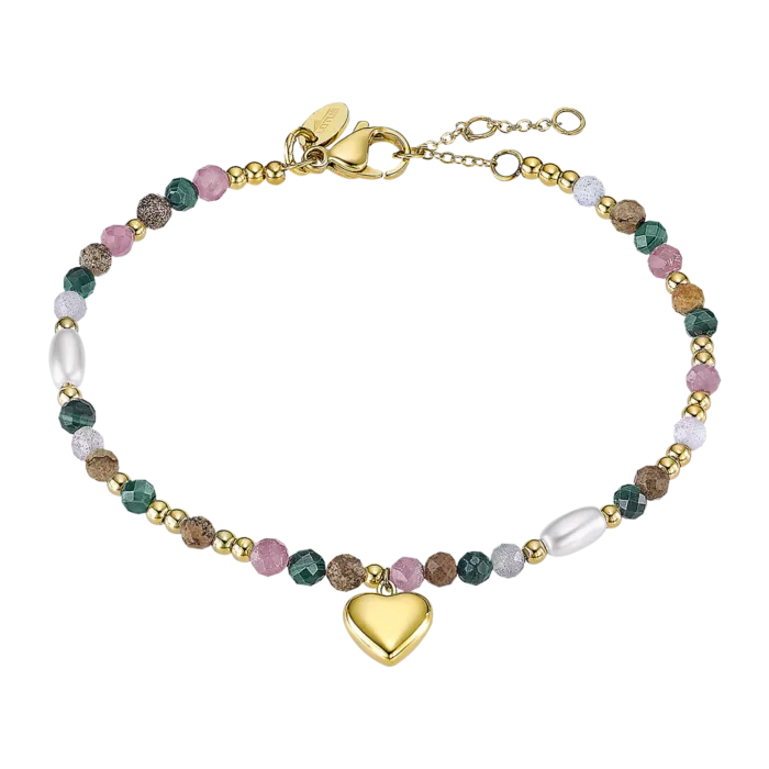 Pulsera Lotus Style LS2553-2/2 de acero inoxidable dorado con cuentas multicolores y colgante de corazón.