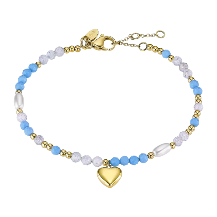Pulsera Lotus Style LS2553-2/3 de acero inoxidable dorado con cuentas azul claro y colgante de corazón.