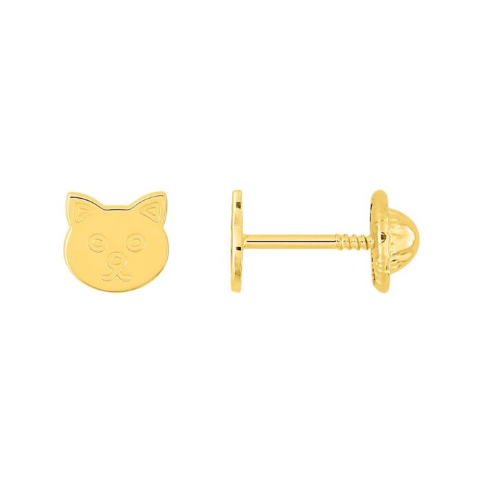 Par de pendientes para bebé en oro amarillo de 18 quilates con forma de gato y cierre de rosca seguridad referencia (18)2.7484.00 de Joyería Palacios