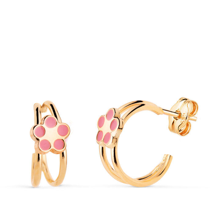 18K PENDIENTES ORO AMARILLO AROS HUECOS ABIERTOS BANDAS CON FLOR. MEDIDA: 12 X 6,5 MM. CIERRE PRESION