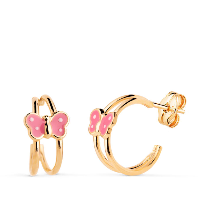 18K PENDIENTES ORO AMARILLO AROS HUECOS ABIERTOS BANDAS CON MARIPOSA.  MEDIDA: 12 X 7 MM. CIERRE PRESION